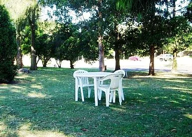 The parkland area at Mayfield Motel with white tables and chairs under shade trees.